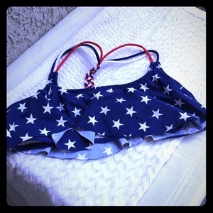 Flounce American flag bathing suit top.